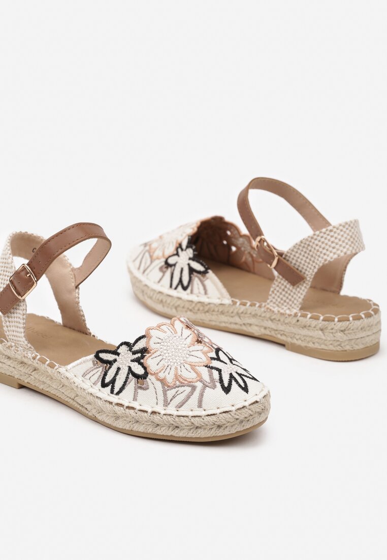 Beżowo-Brązowe Sandały w Stylu Espadryli z Plecionką i Haftem Lealisse