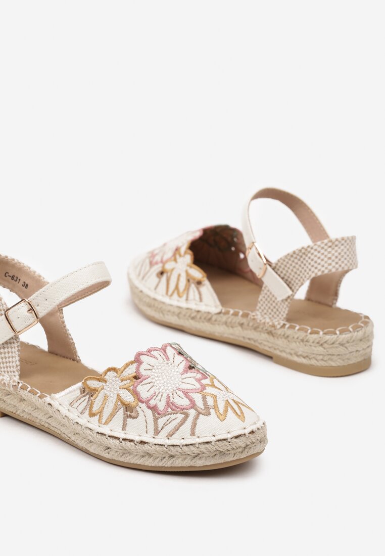 Beżowe Sandały w Stylu Espadryli z Plecionką i Haftem Lealisse