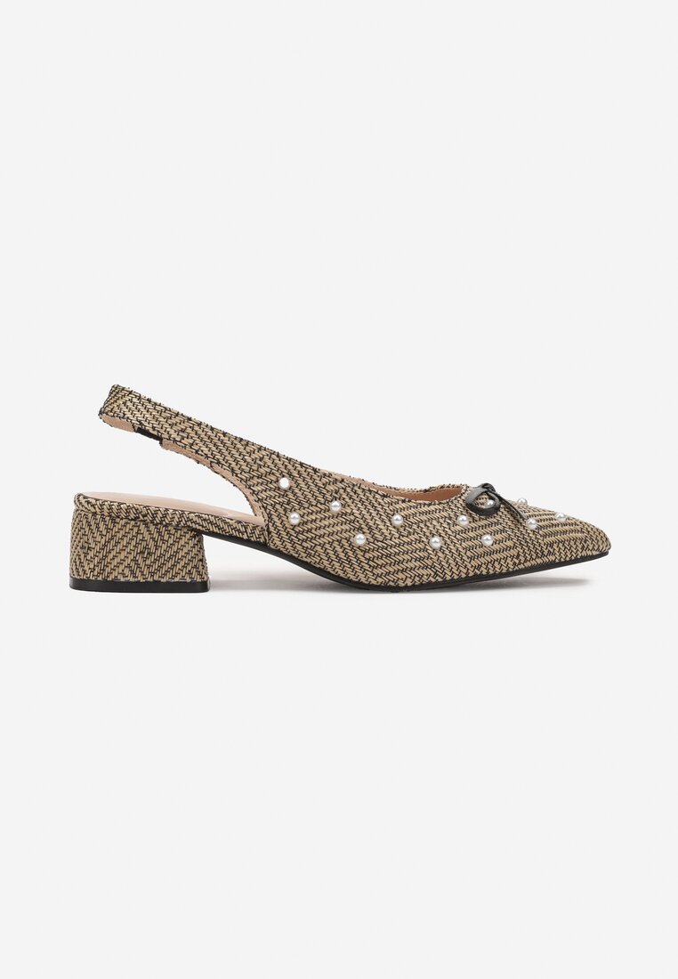 Beżowo-Czarne Czółenka na Słupku Typu Slingback Ozdobione Kokardą i Perełkami Calretis