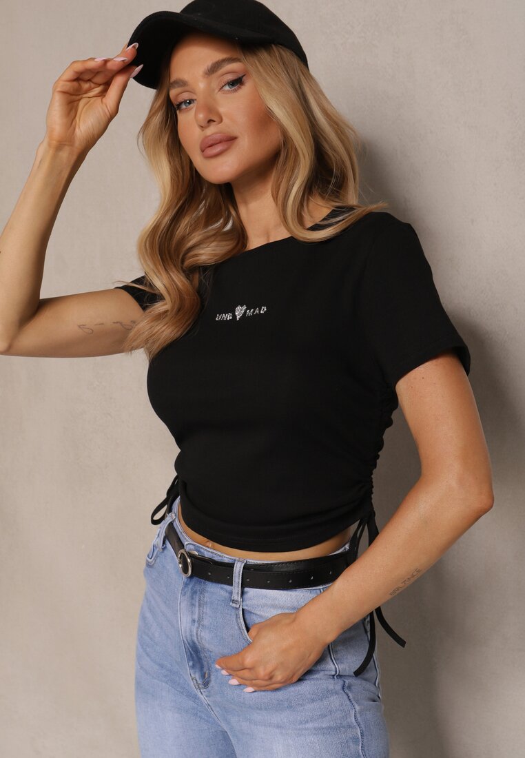 Czarny T-shirt z Bawełny z Ozdobnym Nadrukiem i Ściągaczami Morreti