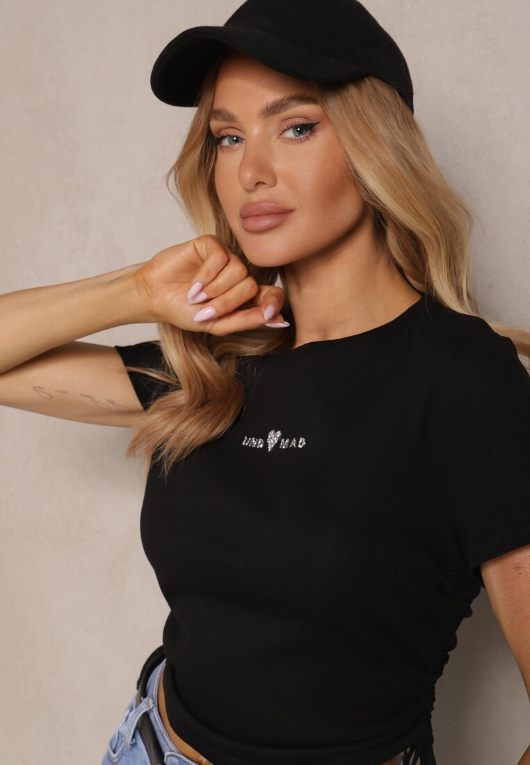 Czarny T-shirt z Bawełny z Ozdobnym Nadrukiem i Ściągaczami Morreti