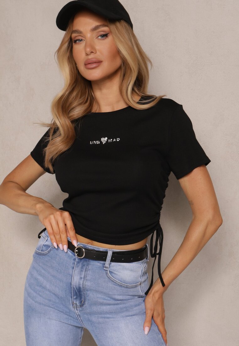 Czarny T-shirt z Bawełny z Ozdobnym Nadrukiem i Ściągaczami Morreti