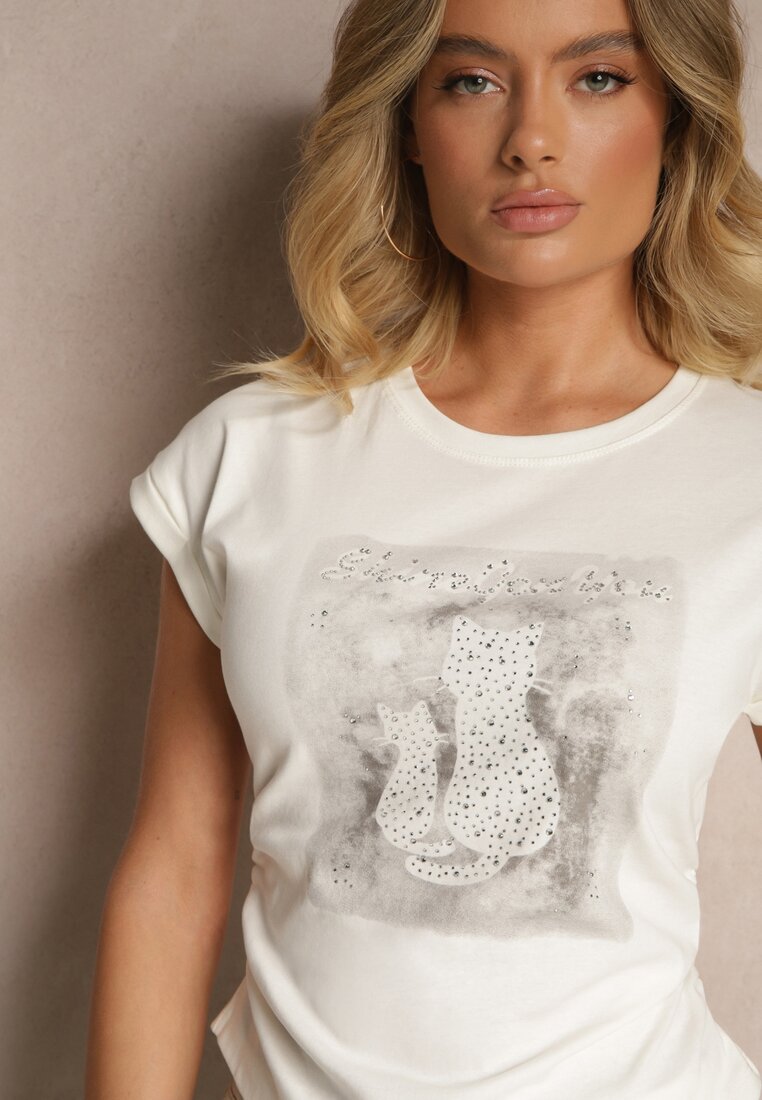 Biały T-shirt z Bawełny Ozdobiony Cyrkoniami Silretis