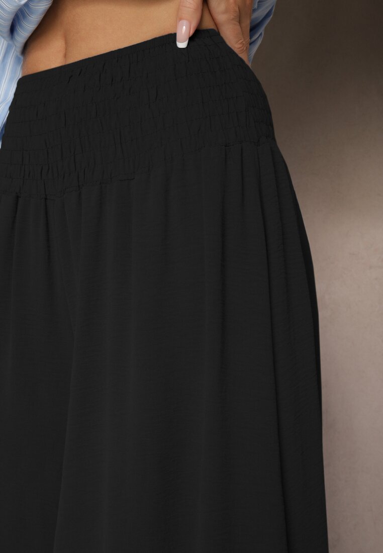 Czarne Spodnie Typu Kuloty High Waist o Szerokim Kroju z Marszczeniem Araliannis