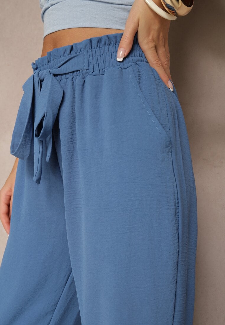 Niebieskie Spodnie High Waist Ozdobione Wiązanym Paskiem Araleira