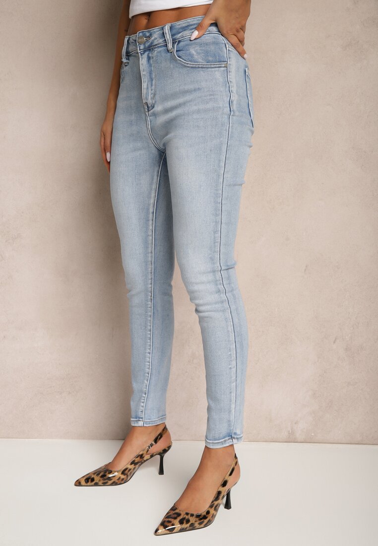 Niebieskie Jeansy Slim High Waist z Haftem na Tylnej Kieszeni Adinaria