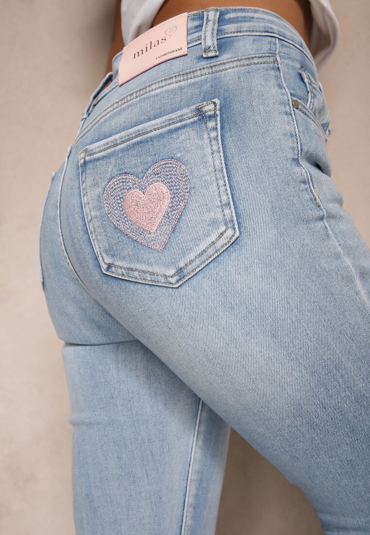 Niebieskie Jeansy Slim High Waist z Haftem na Tylnej Kieszeni Adinaria