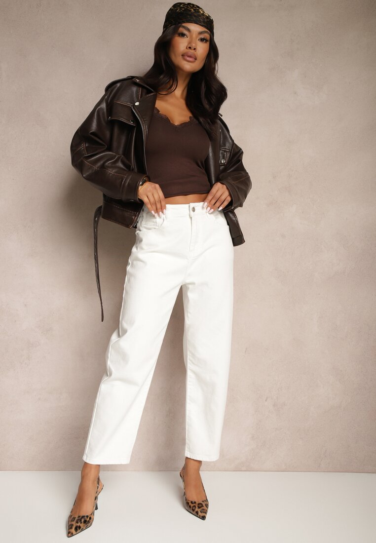 Białe Jeansy Mom Fit High Waist Ivelapis