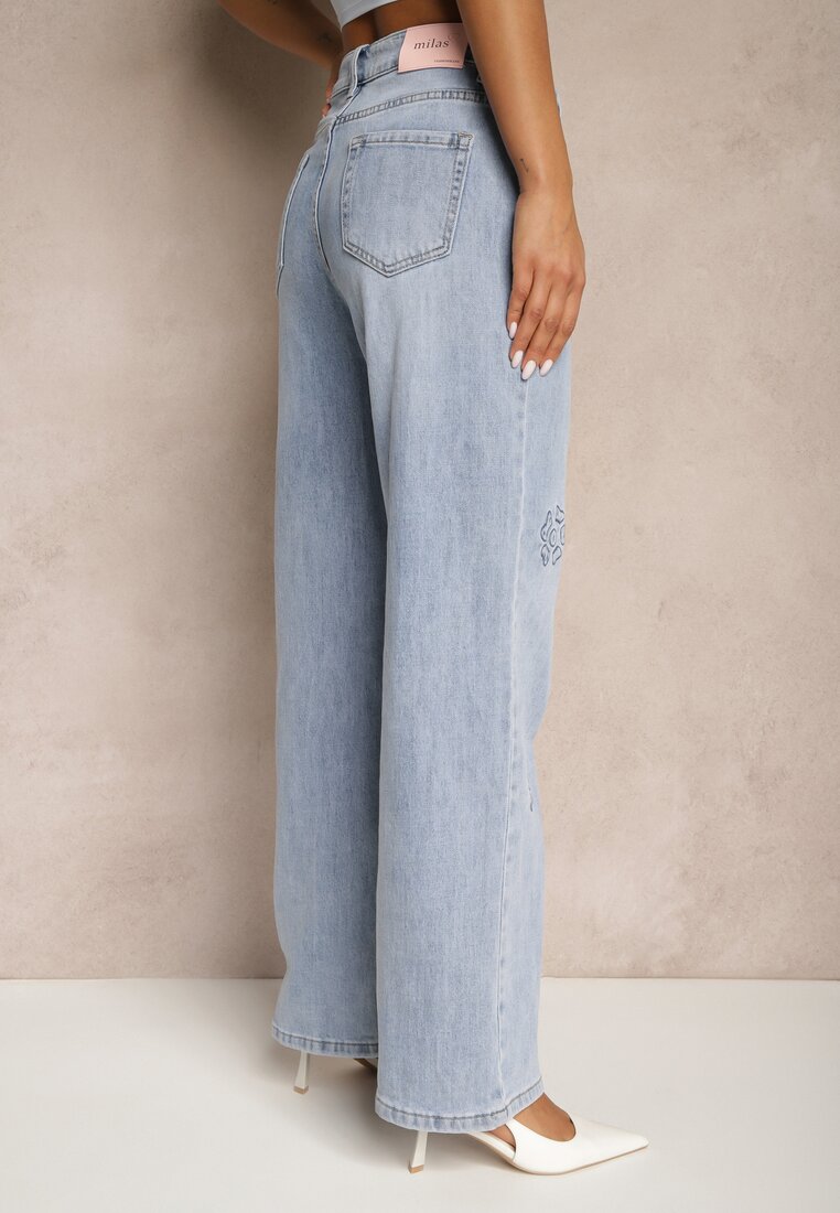 Niebieskie Szerokie Jeansy High Waist Zdobione Wzorem w Kwiaty Firedis