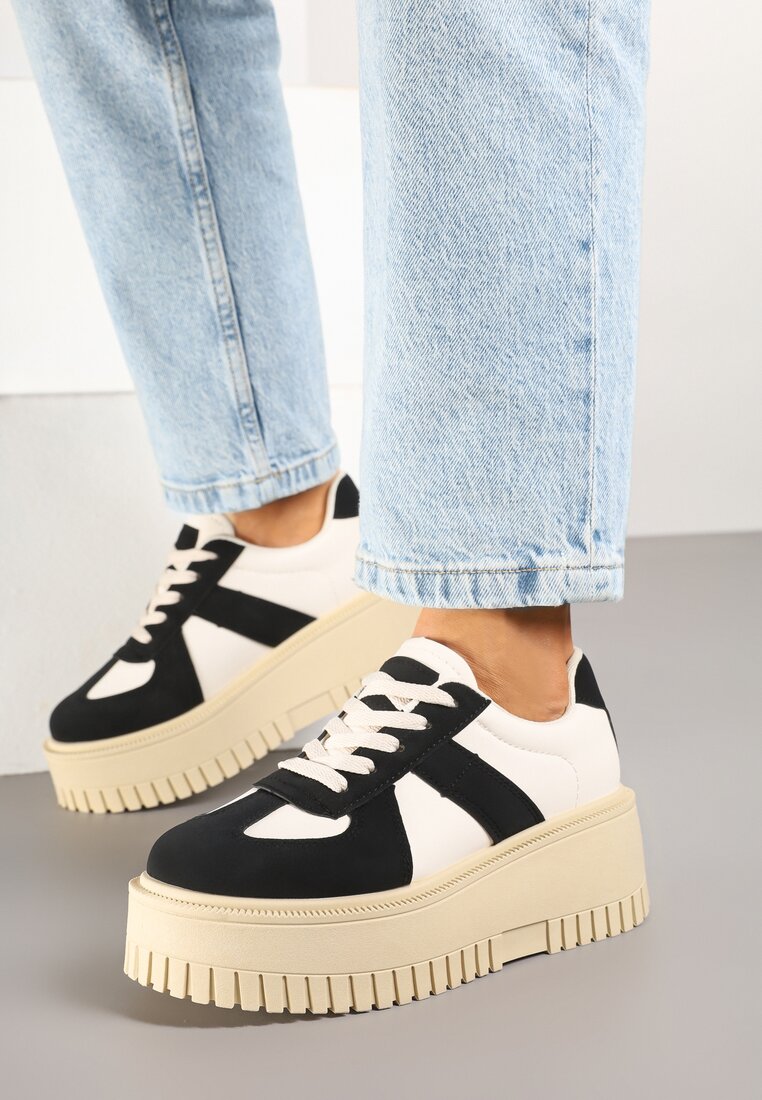 Czarno-Beżowe Sneakersy Typu Tenisówki na Żłobionej Platformie Lorreia