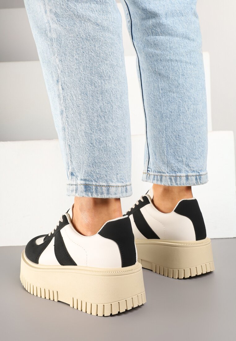 Czarno-Beżowe Sneakersy Typu Tenisówki na Żłobionej Platformie Lorreia