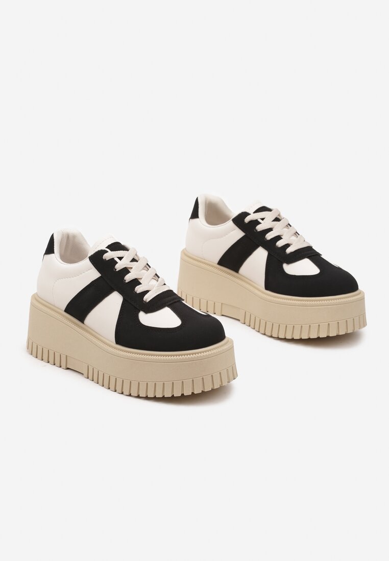 Czarno-Beżowe Sneakersy Typu Tenisówki na Żłobionej Platformie Lorreia