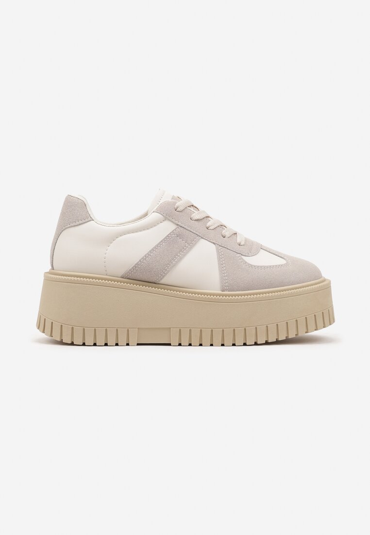 Beżowo-Szare Sneakersy Typu Tenisówki na Żłobionej Platformie Lorreia