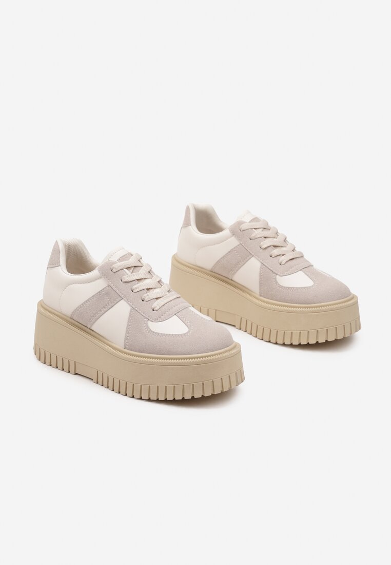 Beżowo-Szare Sneakersy Typu Tenisówki na Żłobionej Platformie Lorreia