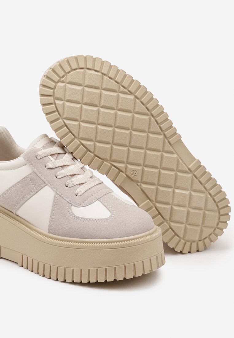 Beżowo-Szare Sneakersy Typu Tenisówki na Żłobionej Platformie Lorreia