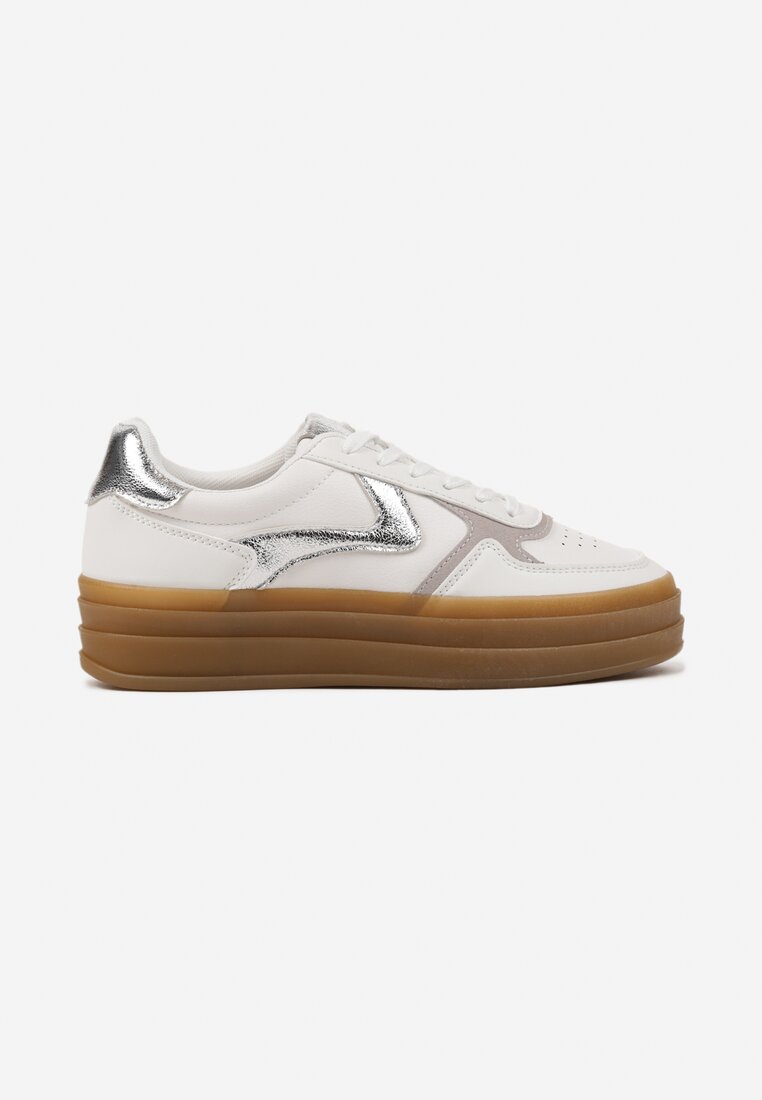 Biało-Srebrne Sneakersy Klasyczne Tenisówki na Tłoczonej Platformie Melvesia
