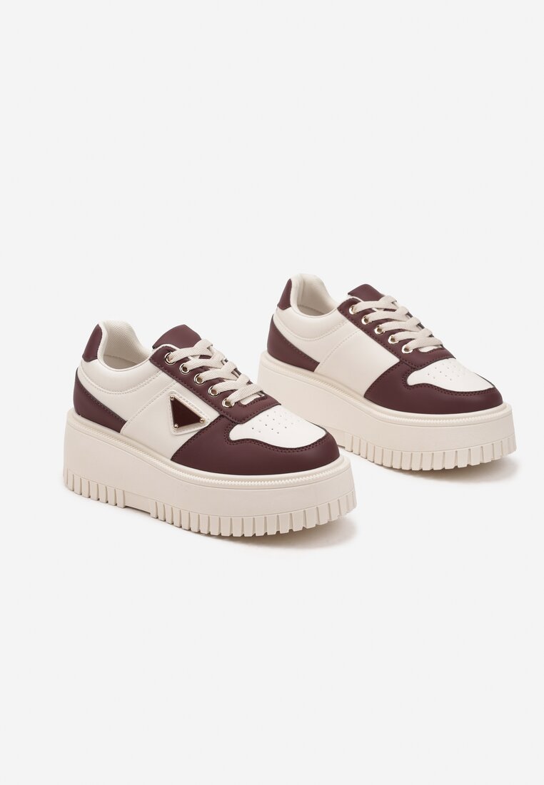 Beżowo-Bordowe Sneakersy na Platformie z Tłoczeniem Halinea