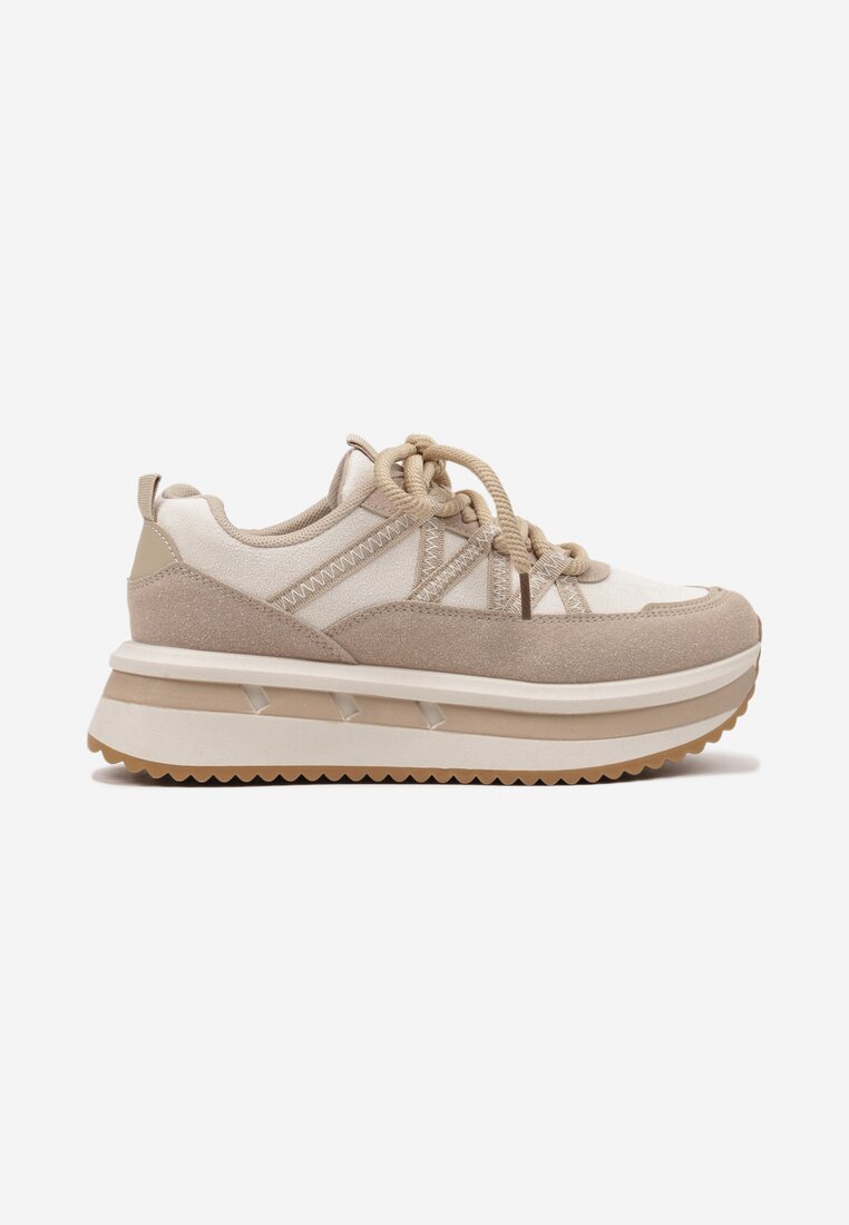Ciemnobeżowe Sneakersy na Platformie Ozdobione Geometrycznym Motywem Tulivia