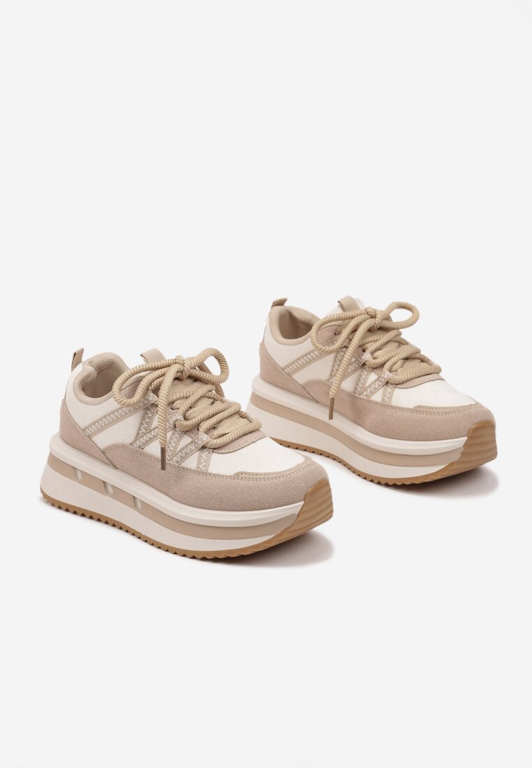 Ciemnobeżowe Sneakersy na Platformie Ozdobione Geometrycznym Motywem Tulivia