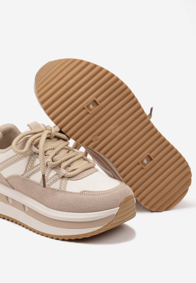 Ciemnobeżowe Sneakersy na Platformie Ozdobione Geometrycznym Motywem Tulivia