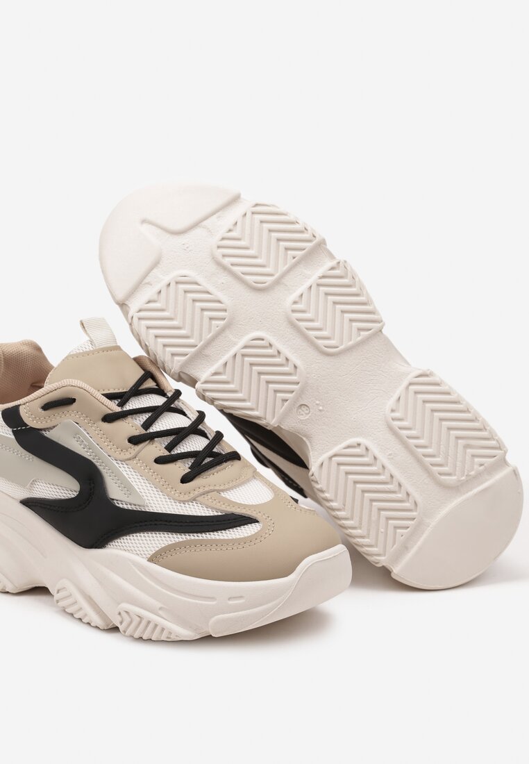 Beżowo-Czarne Sneakersy na Tłoczonej Platformie z Geometrycznym Wzorem Fonetha