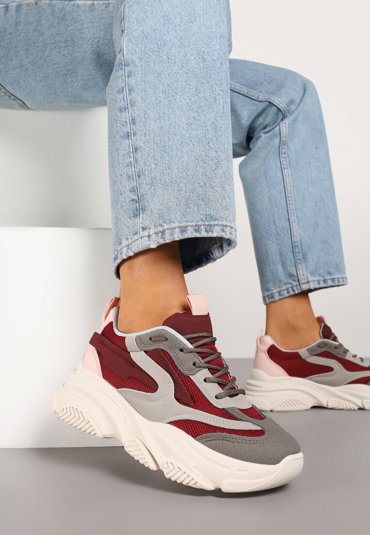 Bordowo-Beżowe Sneakersy na Tłoczonej Platformie z Geometrycznym Wzorem Fonetha