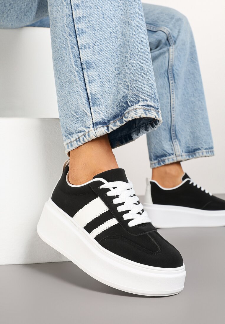 Czarne Sneakersy Klasyczne Tenisówki na Grubej Podeszwie z Koturnem Adessia