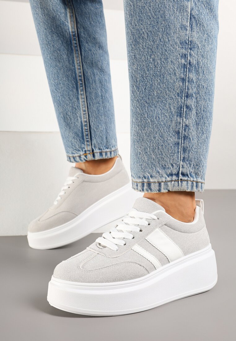 Szare Sneakersy Klasyczne Tenisówki na Grubej Podeszwie z Koturnem Adessia