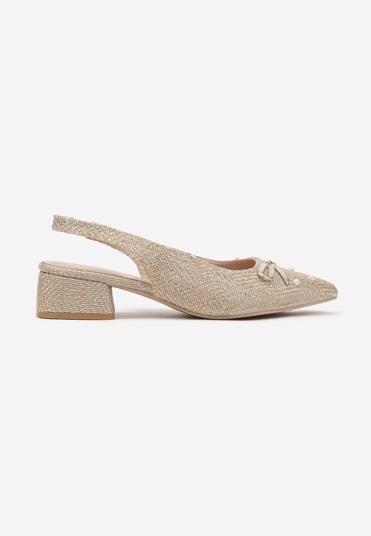 Beżowe Czółenka na Słupku Typu Slingback Ozdobione Kokardą i Perełkami Calretis