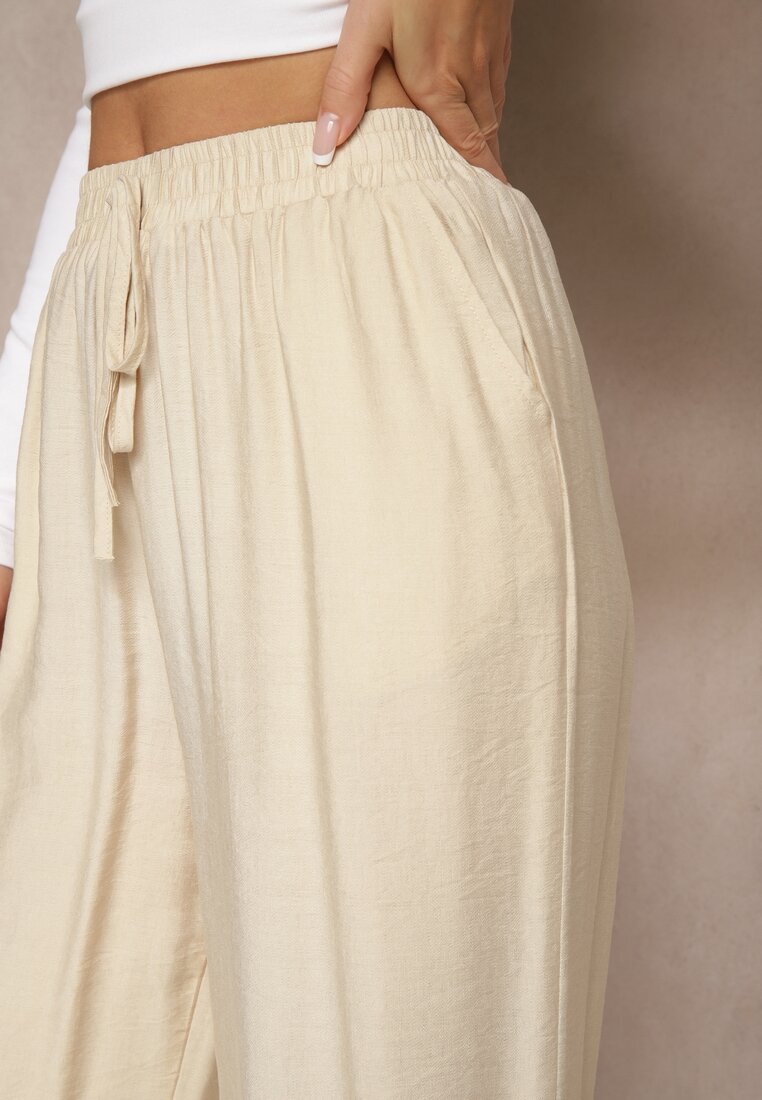 Beżowe Spodnie o Szerokim Kroju High Waist z Wiązaniem Fenalin