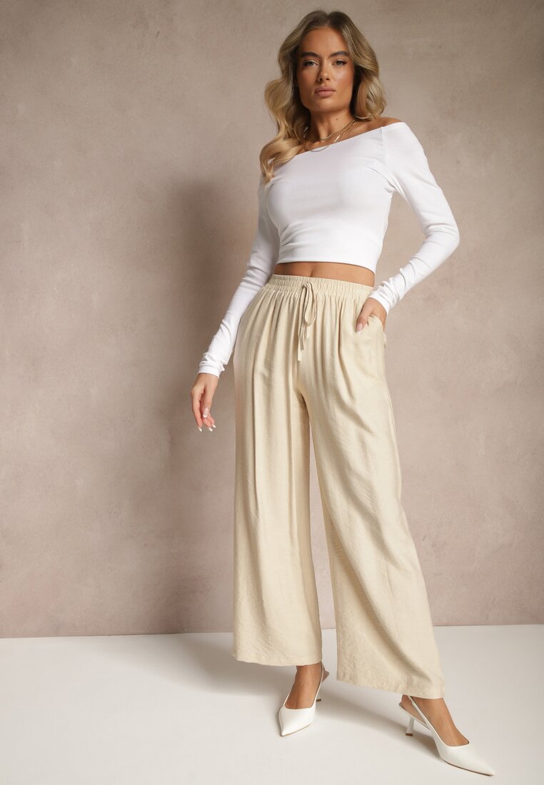 Beżowe Spodnie o Szerokim Kroju High Waist z Wiązaniem Fenalin