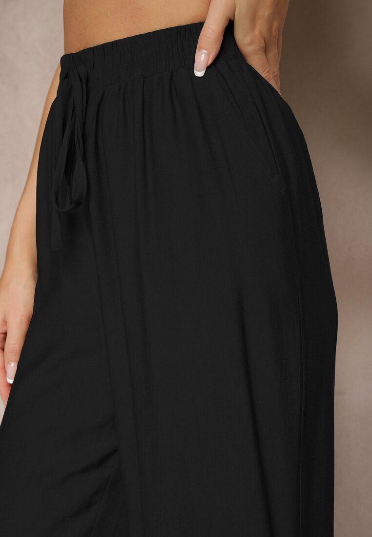 Czarne Spodnie o Szerokim Kroju High Waist z Wiązaniem Fenalin