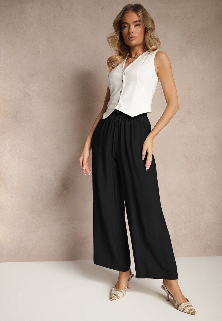 Czarne Spodnie o Szerokim Kroju High Waist z Wiązaniem Fenalin