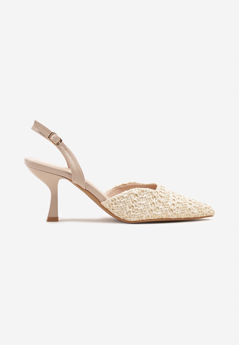 Beżowe Sandały na Szpilce Typu Slingback z Plecioną Cholewką Tatelana