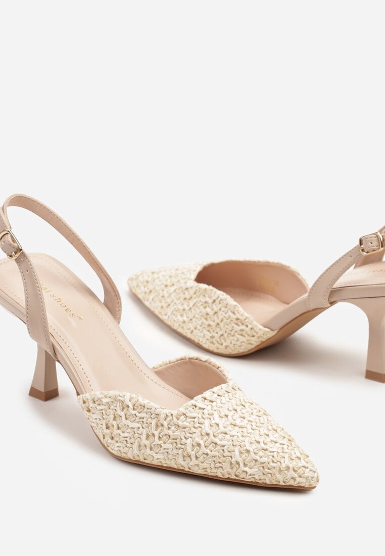 Beżowe Sandały na Szpilce Typu Slingback z Plecioną Cholewką Tatelana