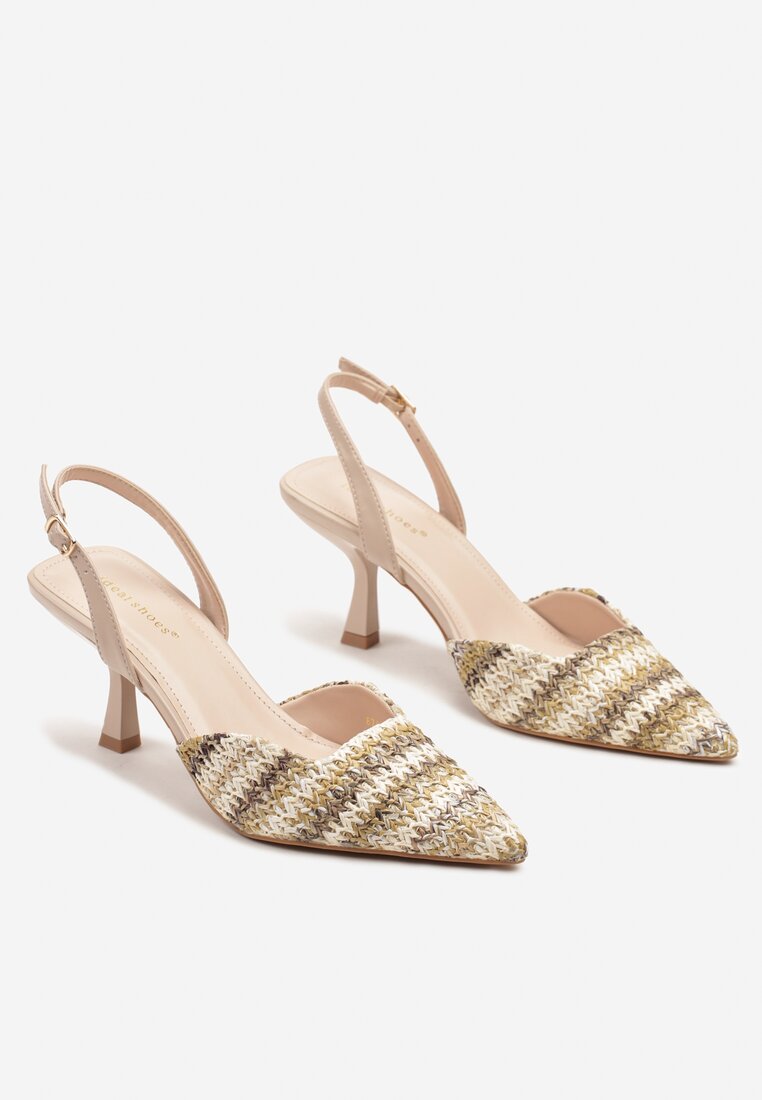 Ciemnobeżowe Sandały na Szpilce Typu Slingback z Plecioną Cholewką Tatelana