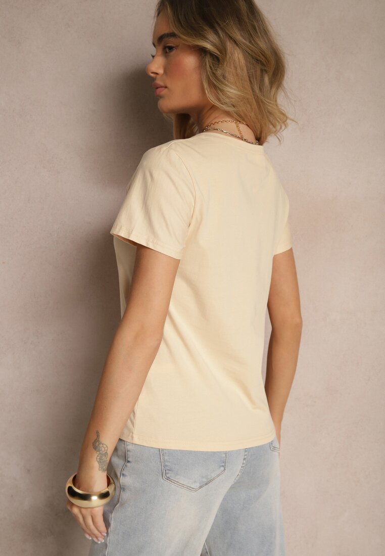 Beżowy T-shirt z Bawełny z Napisem Zelreti