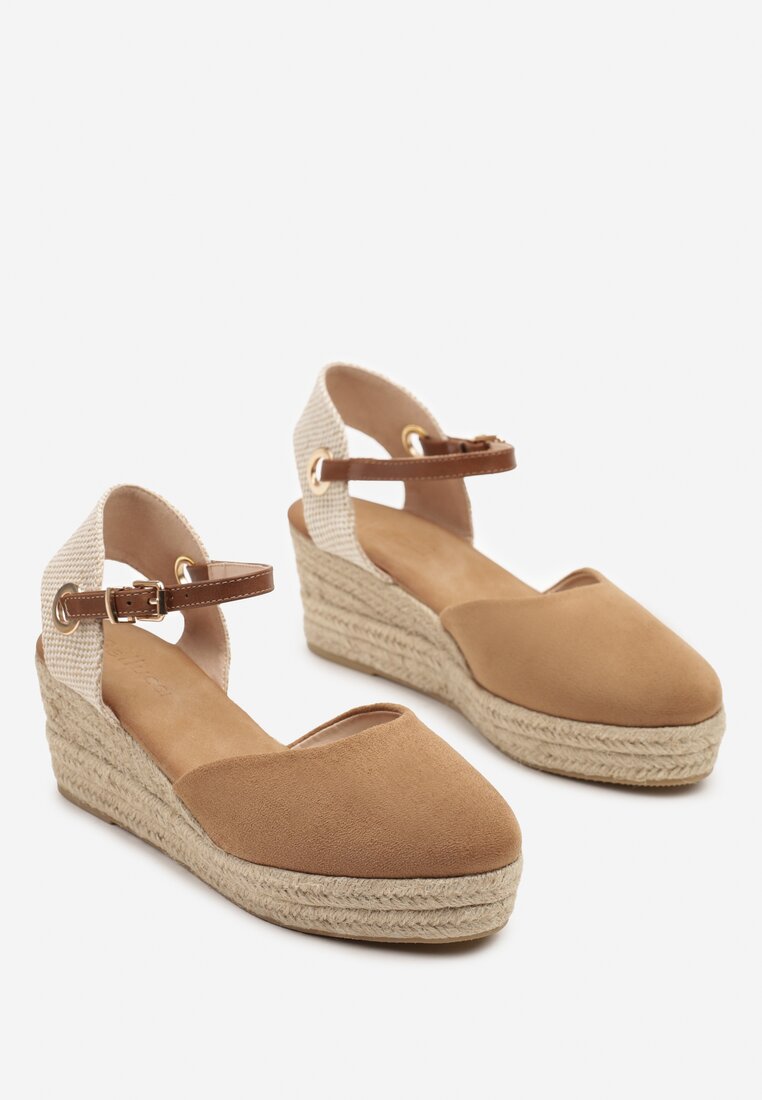 Brązowe Sandały z Plecionką na Koturnie w Stylu Espadryli Effilania