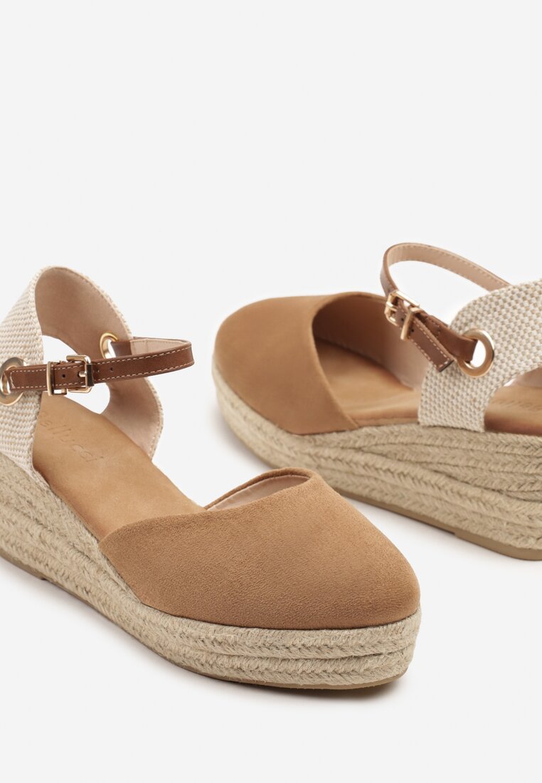 Brązowe Sandały z Plecionką na Koturnie w Stylu Espadryli Effilania
