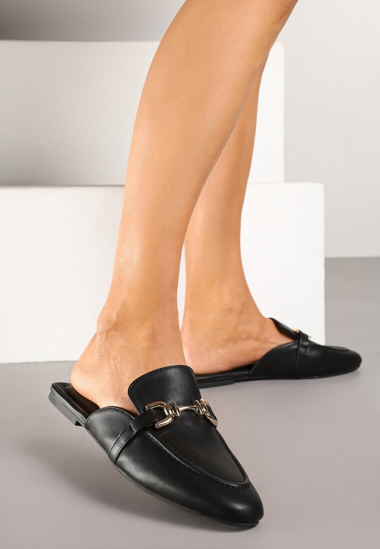Czarne Klapki Mule Stylizowane na Loafersy z Klamerką Ardexia