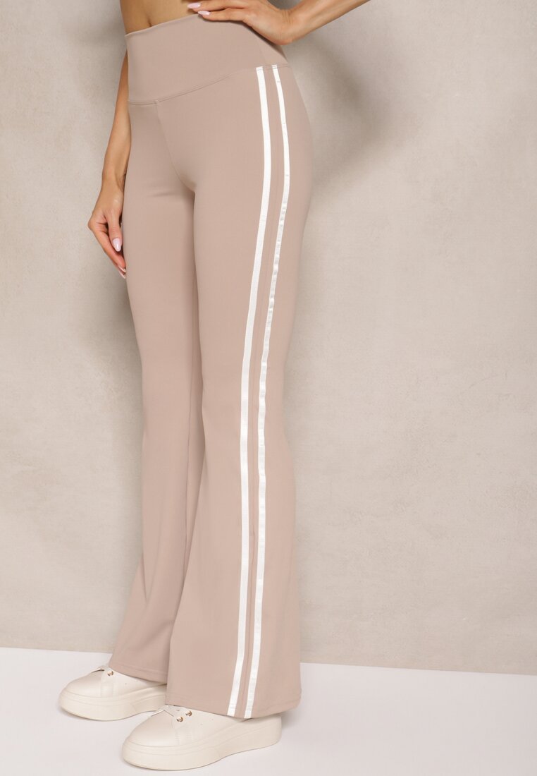 Beżowe Legginsy Flare High Waist z Marszczeniem i Lampasami Kirsena