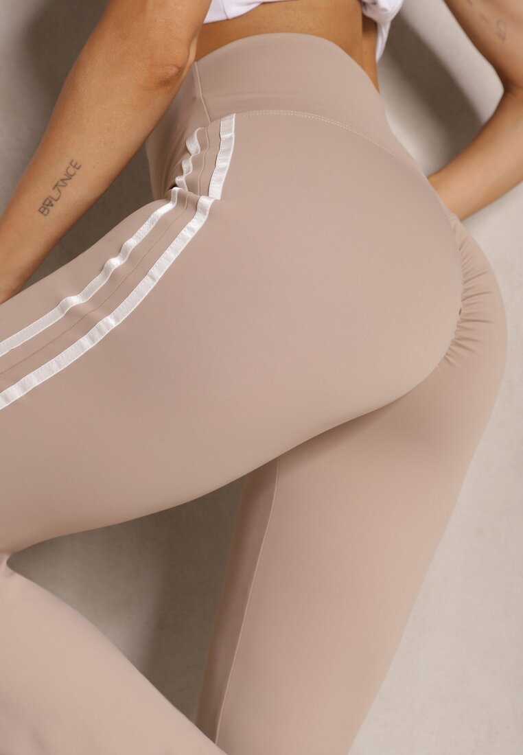 Beżowe Legginsy Flare High Waist z Marszczeniem i Lampasami Kirsena