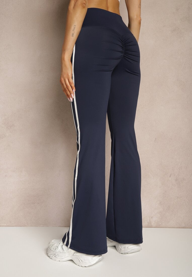 Granatowe Legginsy Flare High Waist z Marszczeniem i Lampasami Kirsena