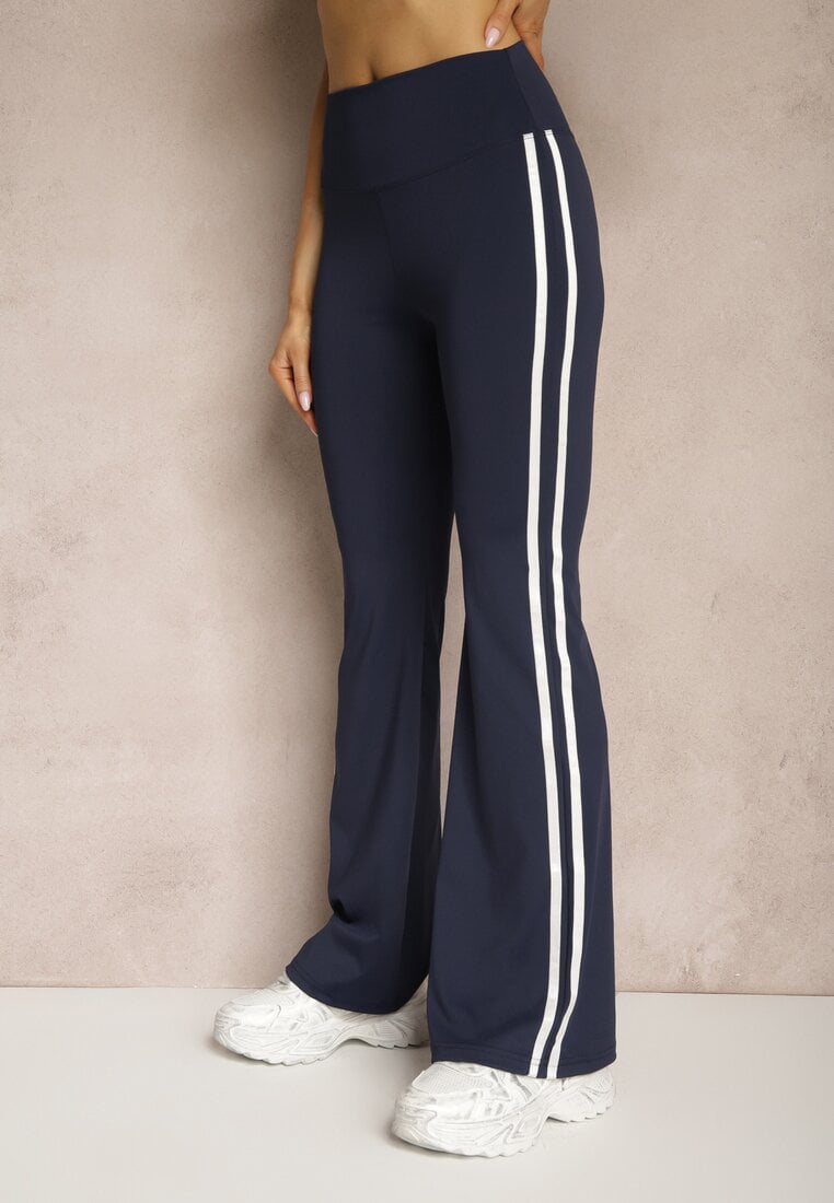 Granatowe Legginsy Flare High Waist z Marszczeniem i Lampasami Kirsena