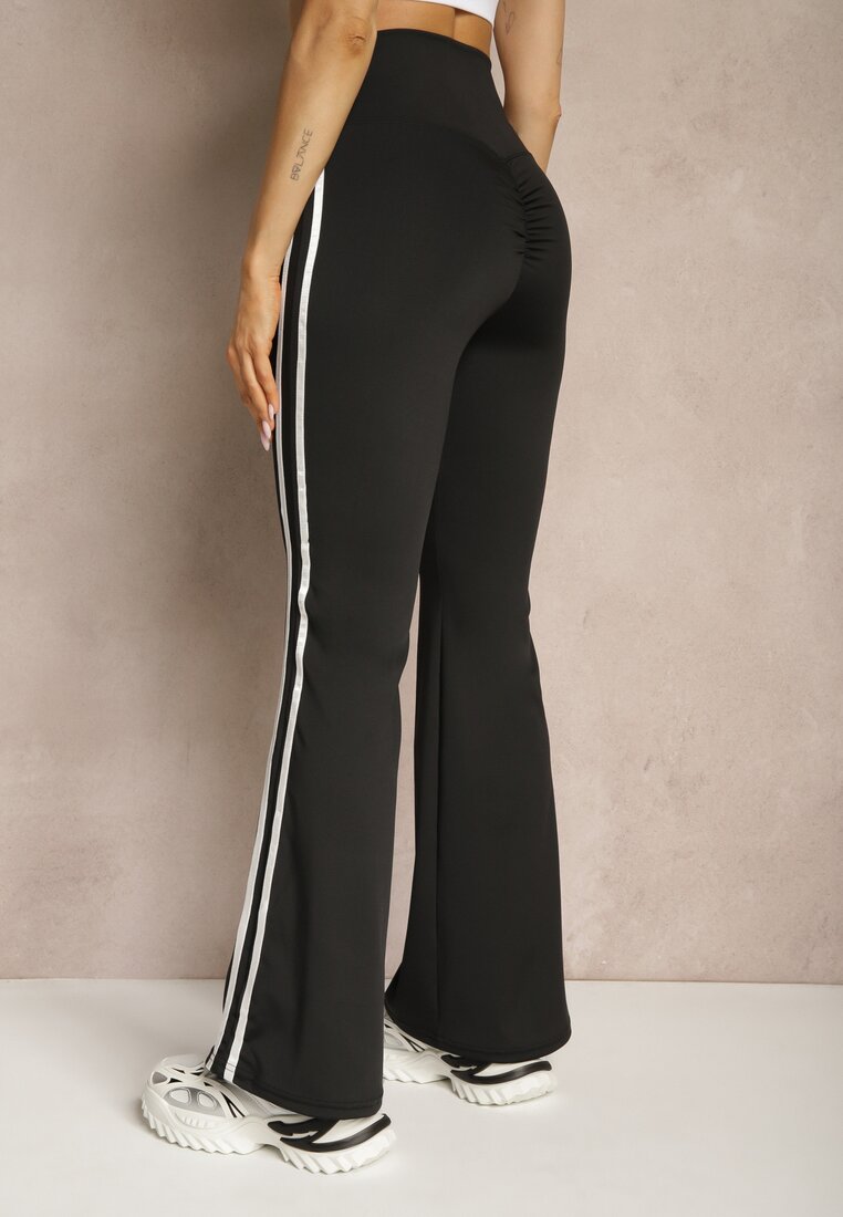 Czarne Legginsy Flare High Waist z Marszczeniem i Lampasami Kirsena