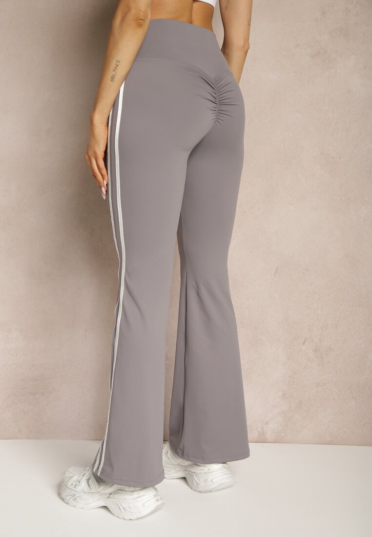 Szare Legginsy Flare High Waist z Marszczeniem i Lampasami Kirsena