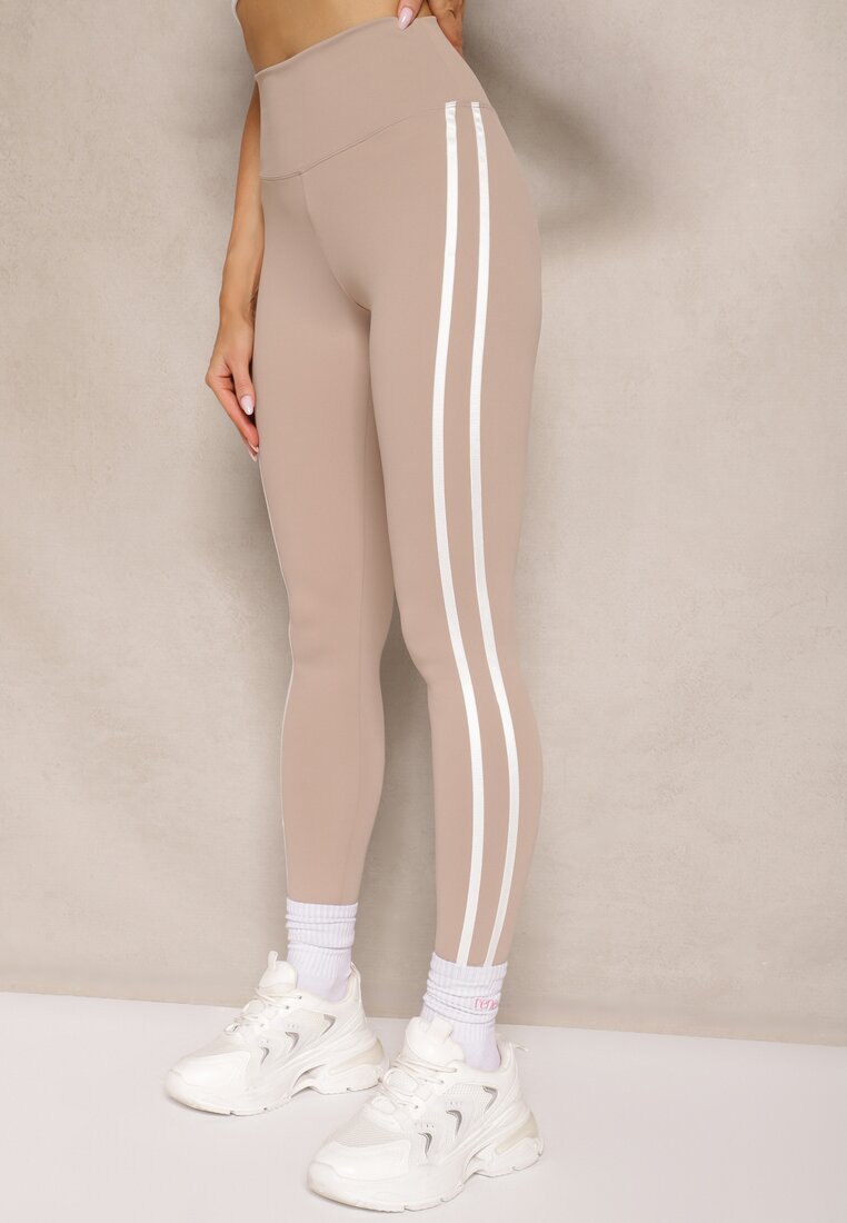 Beżowe Legginsy High Waist z Push-Upem z Elastycznego Materiału z Lampasami Ateria