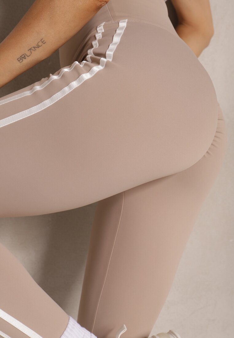 Beżowe Legginsy High Waist z Push-Upem z Elastycznego Materiału z Lampasami Ateria