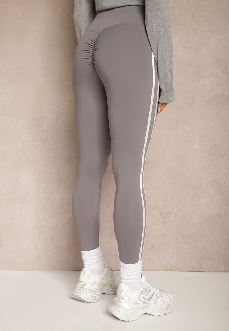 Szare Legginsy High Waist z Push-Upem z Elastycznego Materiału z Lampasami Ateria