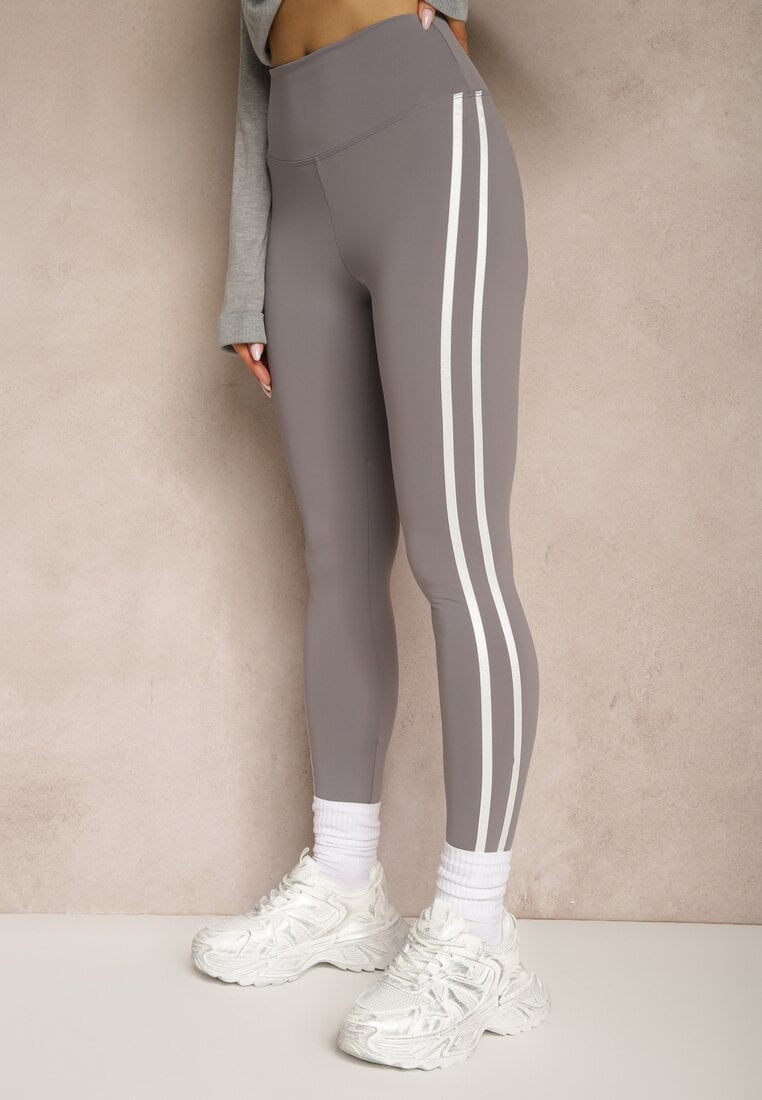 Szare Legginsy High Waist z Push-Upem z Elastycznego Materiału z Lampasami Ateria